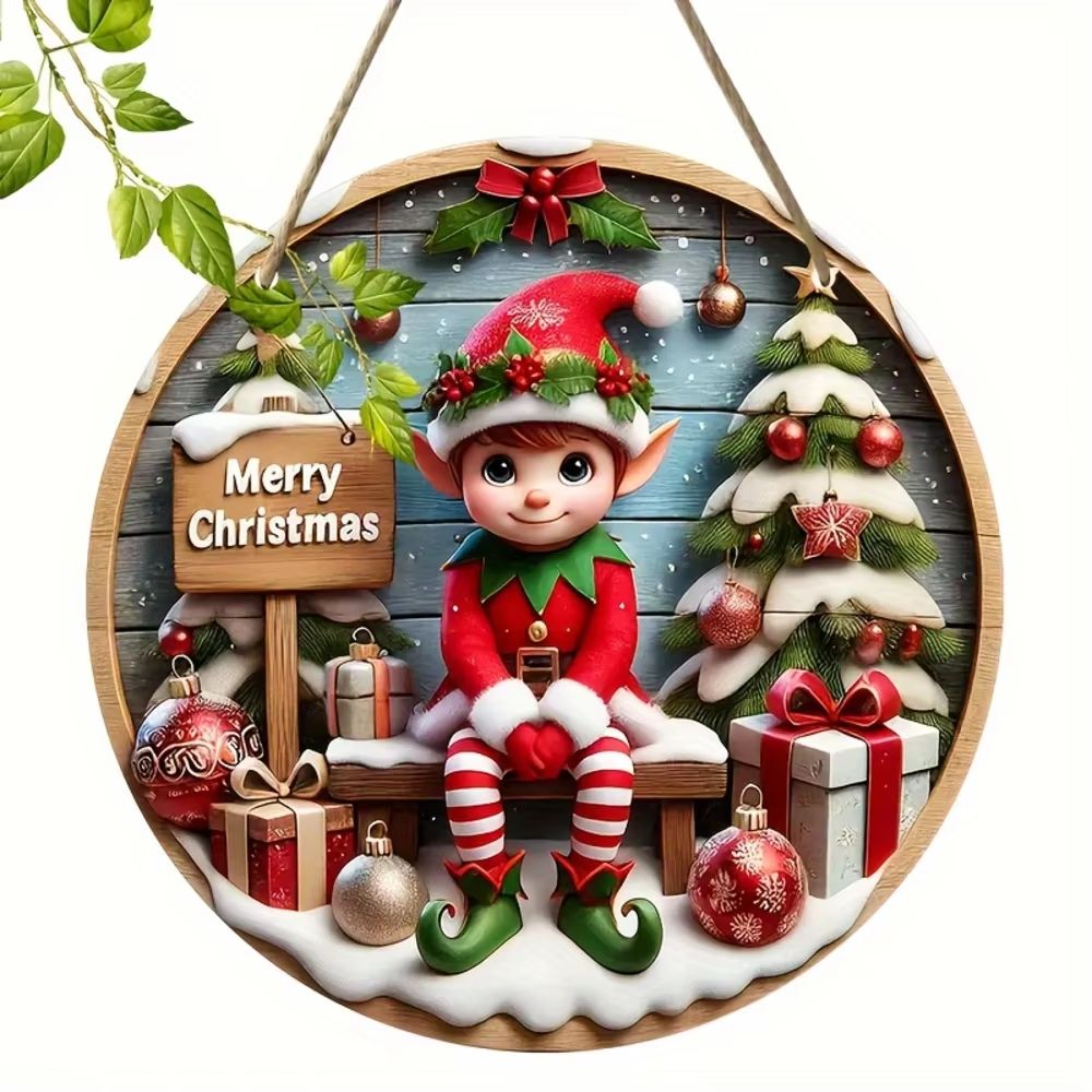 Christmas Elf Wooden Sign  2007 Cm Round Rustic Holiday Decor 4