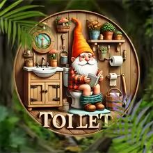 Country Farmhouse Style Wooden Toilet Sign  Charming Dwarf Design Round 8x8 Inch 1