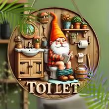 Country Farmhouse Style Wooden Toilet Sign  Charming Dwarf Design Round 8x8 Inch 2