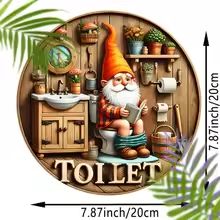 Country Farmhouse Style Wooden Toilet Sign  Charming Dwarf Design Round 8x8 Inch 6