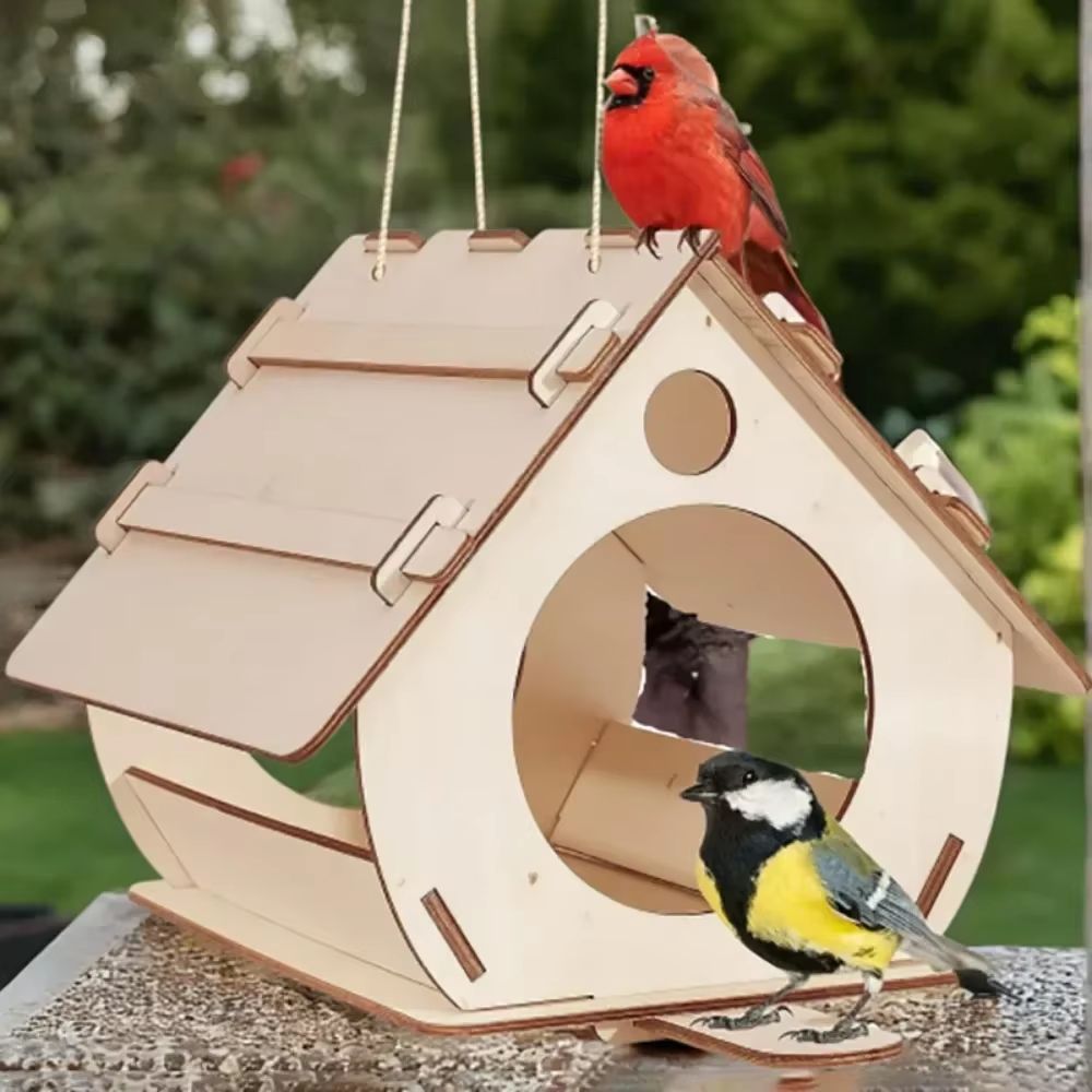 Hanging Wooden Bird Feeder – DIY Outdoor Garden Decorative Birdcage/Birdhouse