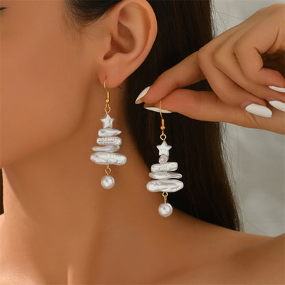 Baroque Irregular Imitation Pearl, Holiday Xmas Tree Drop Earrings, Stacked Star Tree Earring Christmas Jewelry Gift