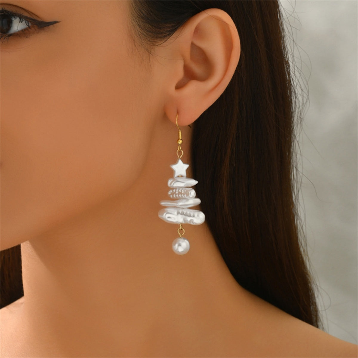 Baroque Irregular Imitation Pearl, Holiday Xmas Tree Drop Earrings, Stacked Star Tree Earring Christmas Jewelry Gift