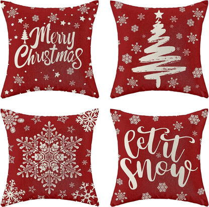 Red Christmas Pillowcase, Farmhouse Snowflake Pillow Cover, Christmas Linen Cushion, Sofa Home Decoration
