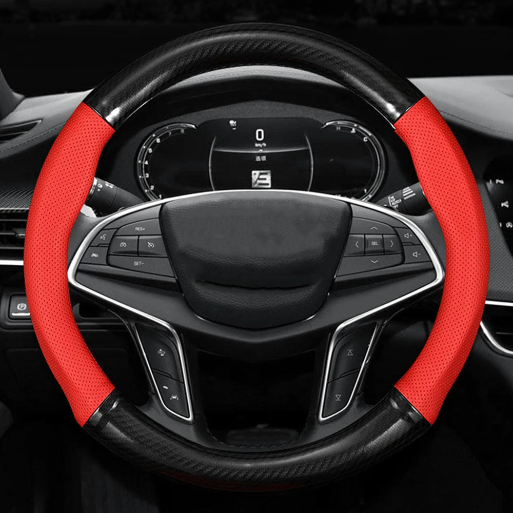 Carbon Fiber Leather Steering Wheel Cover, Universal Fit, Three Dimensional Anti Slip, Trendy Car Interior Accessory