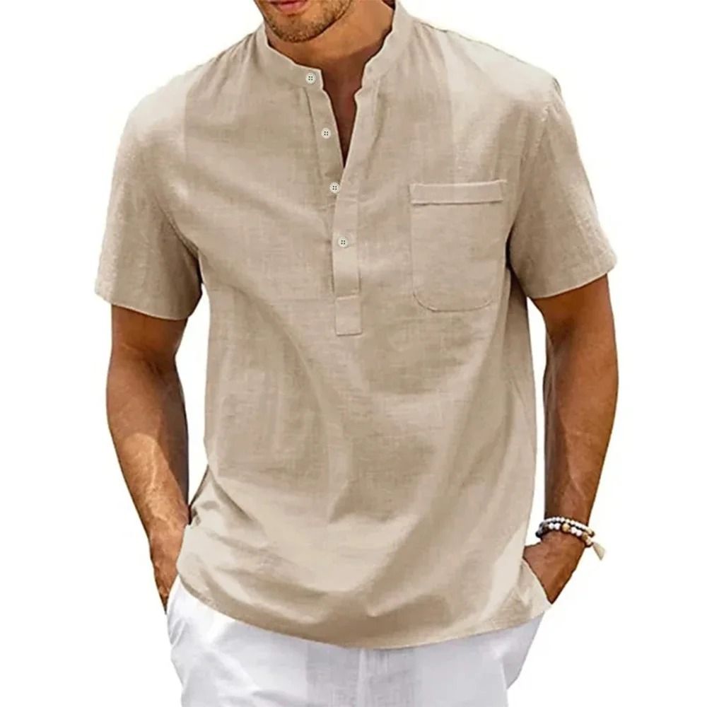 Mens Cotton Linen Short Sleeve Henley Shirt with Pocket