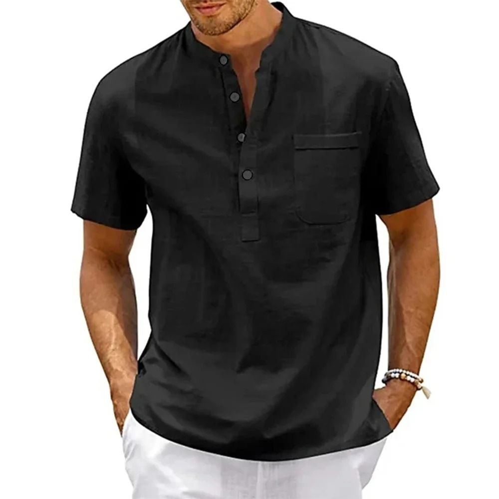 Mens Cotton Linen Short Sleeve Henley Shirt With Pocket 2