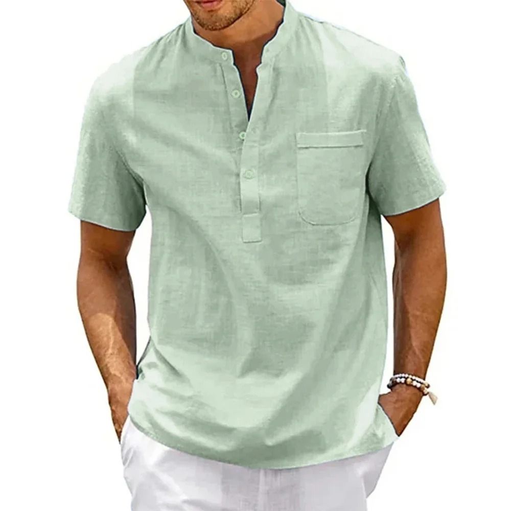 Mens Cotton Linen Short Sleeve Henley Shirt With Pocket 5