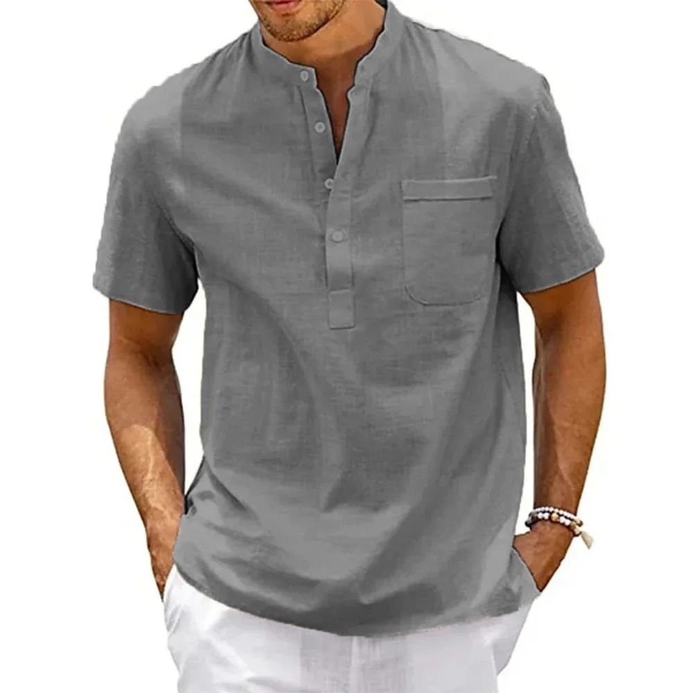 Mens Cotton Linen Short Sleeve Henley Shirt With Pocket 7