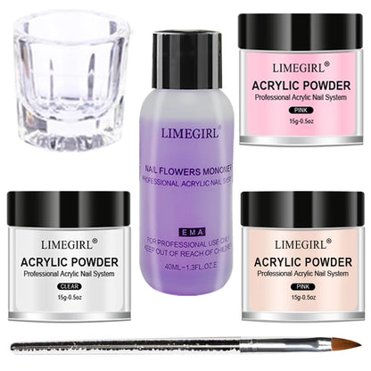 Acrylic Powder Kit with Crystal Liquid, Pink White Transparent Nail Set, Beginner Nail Extension Kit for DIY Salon Nails