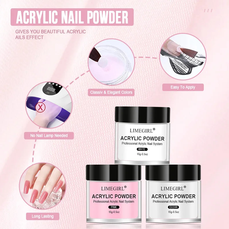 Acrylic Powder Kit with Crystal Liquid, Pink White Transparent Nail Set, Beginner Nail Extension Kit for DIY Salon Nails