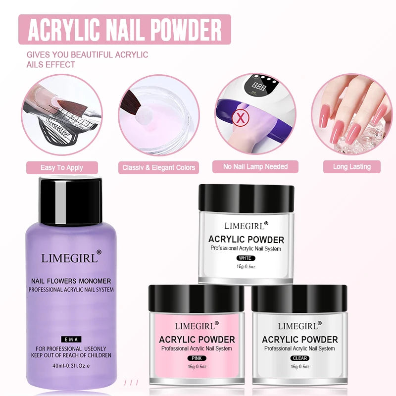 Acrylic Powder Kit with Crystal Liquid, Pink White Transparent Nail Set, Beginner Nail Extension Kit for DIY Salon Nails
