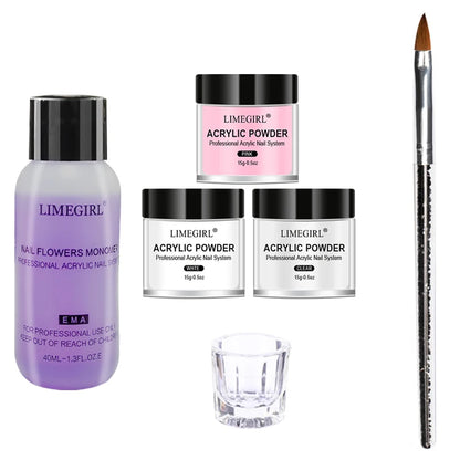 Acrylic Powder Kit with Crystal Liquid, Pink White Transparent Nail Set, Beginner Nail Extension Kit for DIY Salon Nails