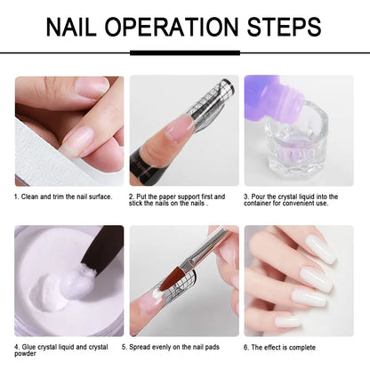 Acrylic Powder Kit with Crystal Liquid, Pink White Transparent Nail Set, Beginner Nail Extension Kit for DIY Salon Nails