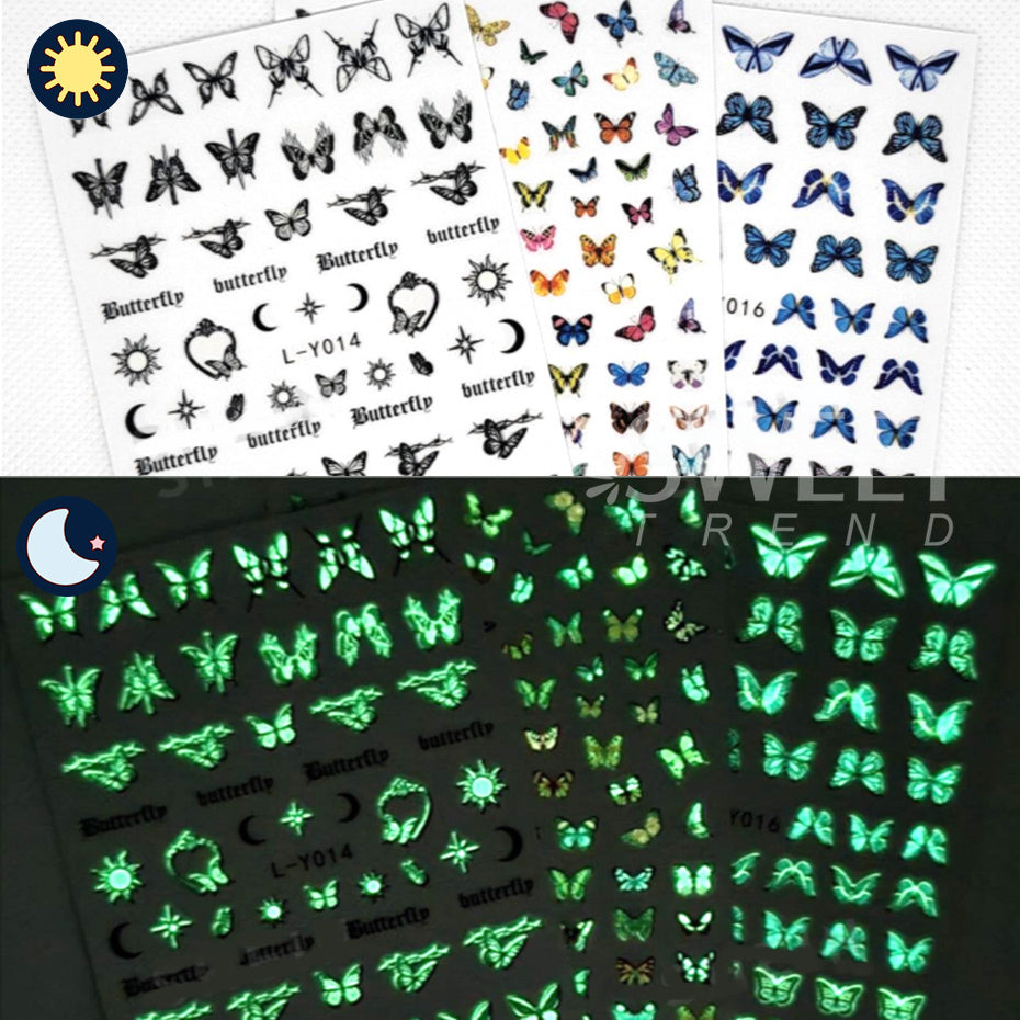 Colorful Blue Butterfly Nail Stickers Luminous Glow In The Dark Nail Decals Night Polish Sliders Fo 2