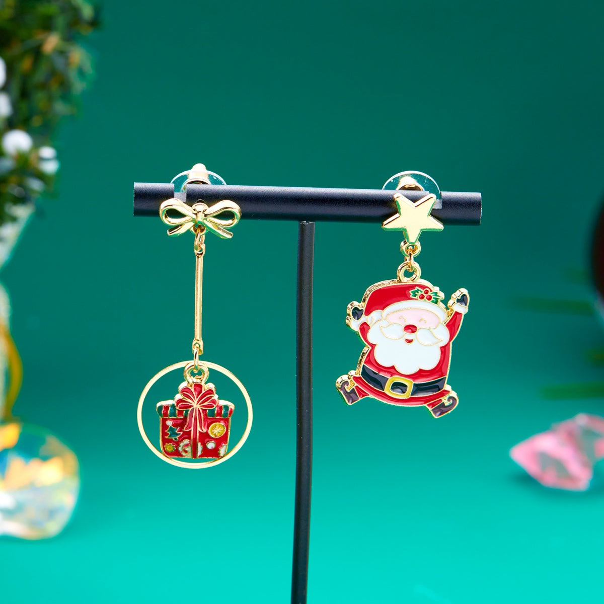 Cartoon Christmas Earrings Asymmetric Drop Earrings Enamel Santa Claus Bow Gift Box Star Tassel Jew 3