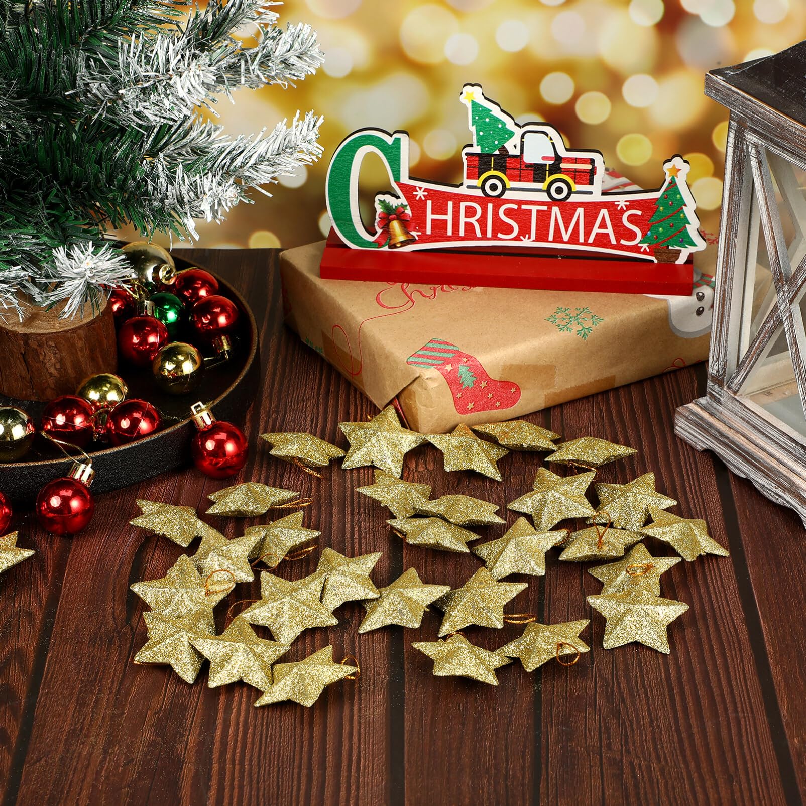 Gold Glitter Star Mini  Christmas Tree Hanging Pendant Star Ornament Decoration Tree Pendant For Ch 3