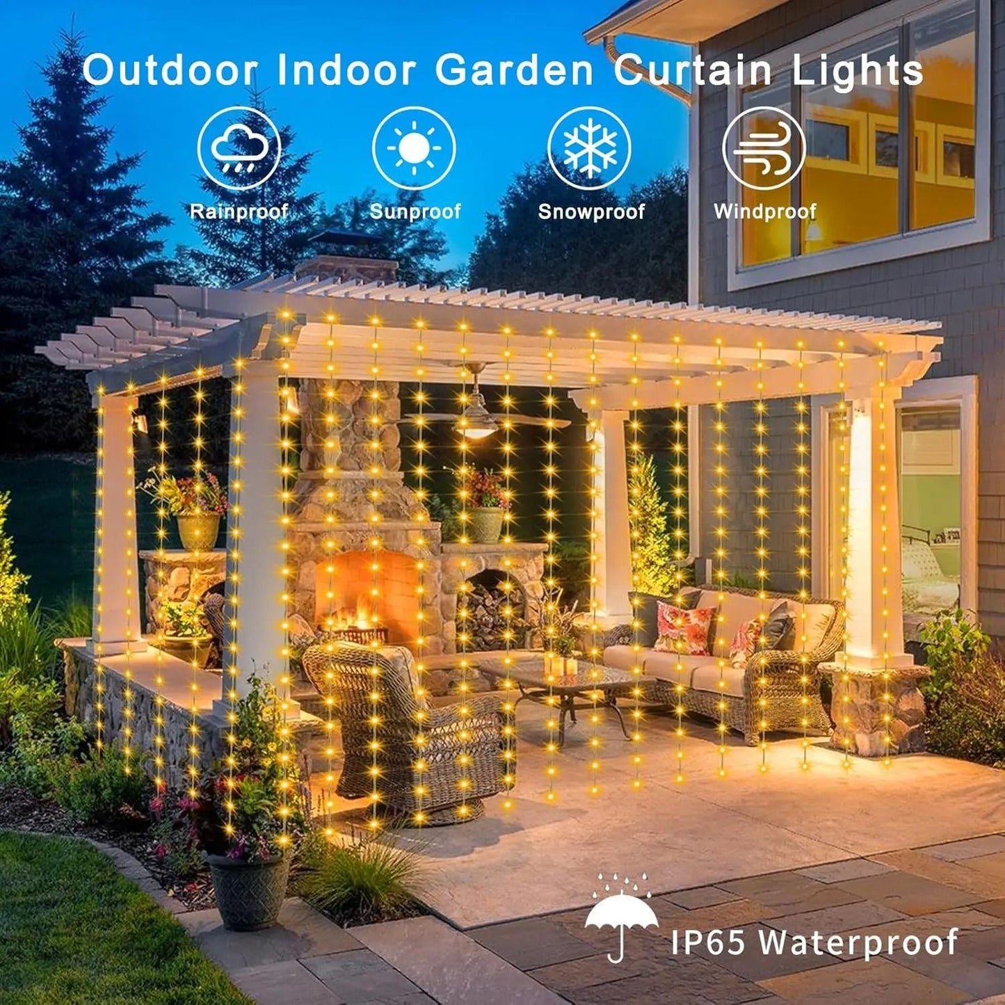 Solar Curtain Fairy Lights Outdoor Waterproof 300 LED String Light