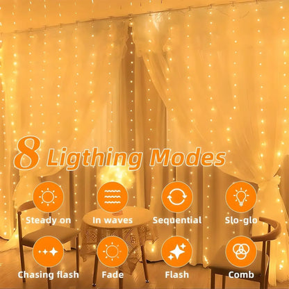Solar Curtain Fairy Lights Outdoor Waterproof 300 LED String Light 2