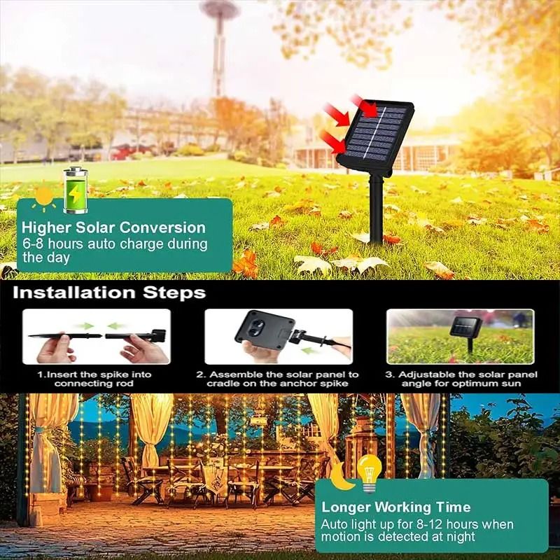 Solar Curtain Fairy Lights Outdoor Waterproof 300 LED String Light 3