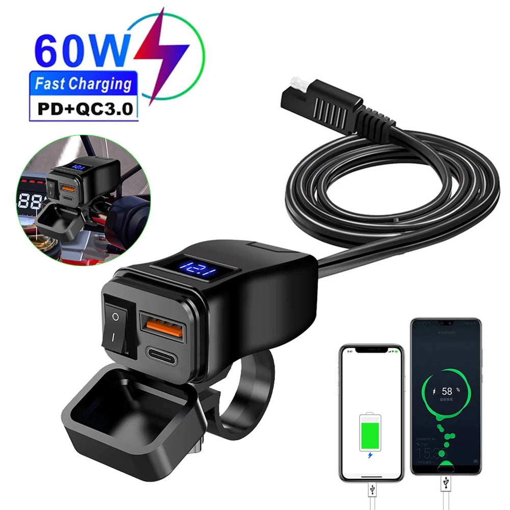 Handlebar Dual USB Socket with Switch Voltmeter, Motorcycle USB Fast Charger, Waterproof 12V Power Supply Adapter