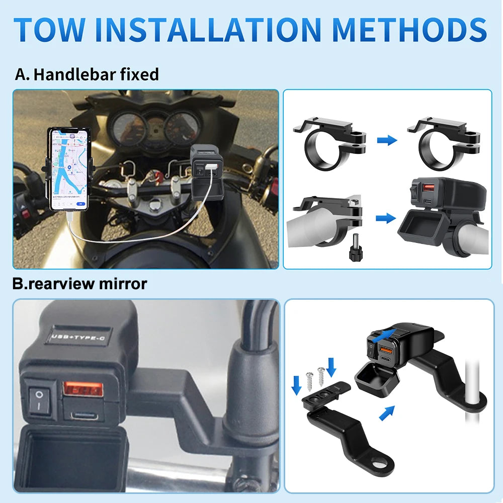 Handlebar Dual USB Socket with Switch Voltmeter, Motorcycle USB Fast Charger, Waterproof 12V Power Supply Adapter