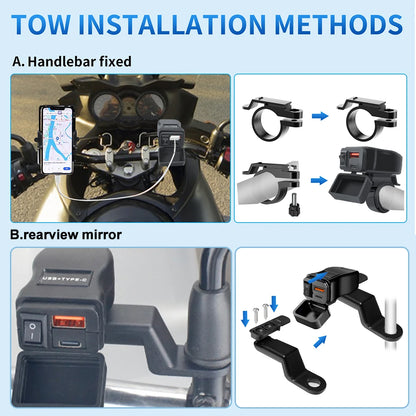 Handlebar Dual USB Socket with Switch Voltmeter, Motorcycle USB Fast Charger, Waterproof 12V Power Supply Adapter