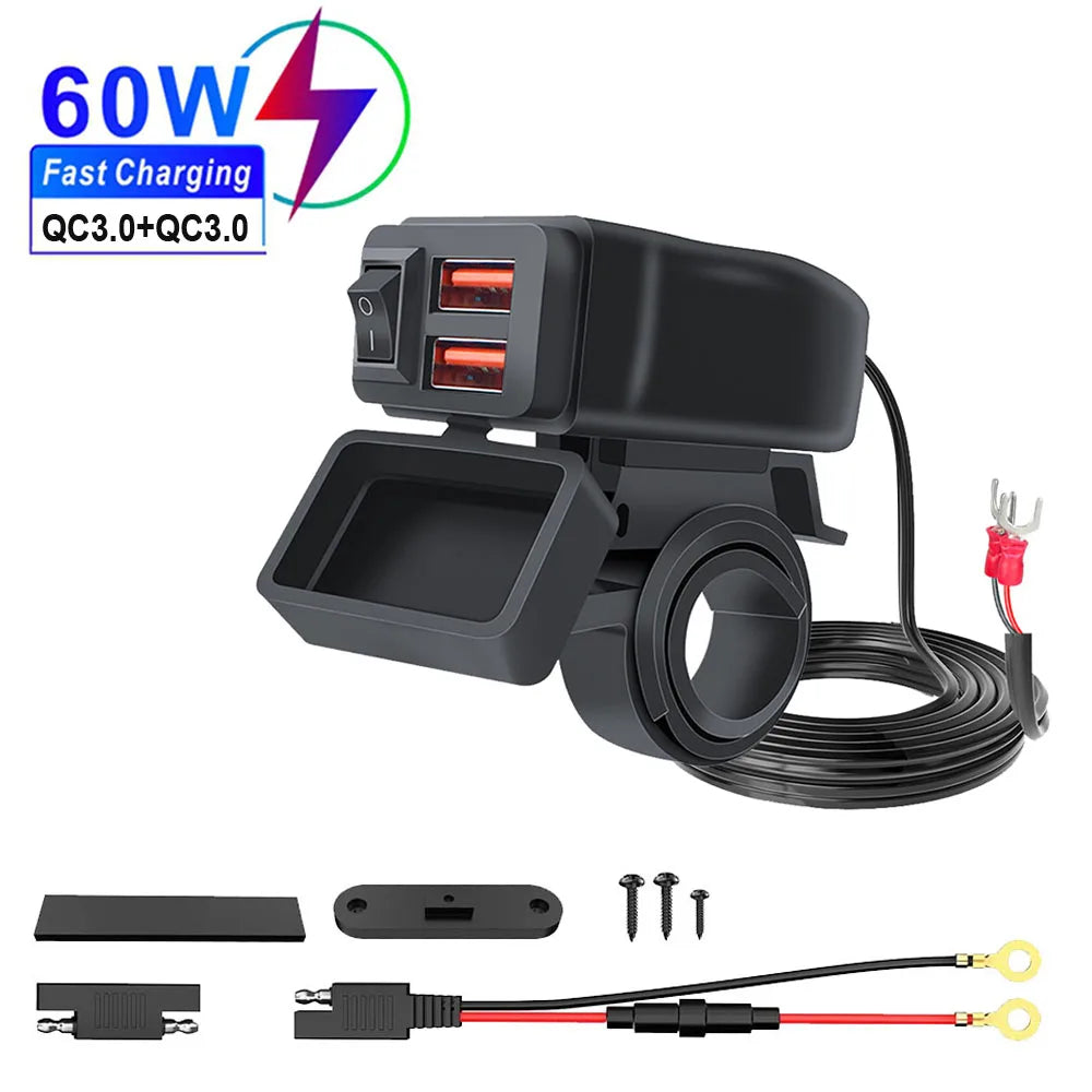 Handlebar Dual USB Socket with Switch Voltmeter, Motorcycle USB Fast Charger, Waterproof 12V Power Supply Adapter