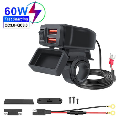 Handlebar Dual USB Socket with Switch Voltmeter, Motorcycle USB Fast Charger, Waterproof 12V Power Supply Adapter