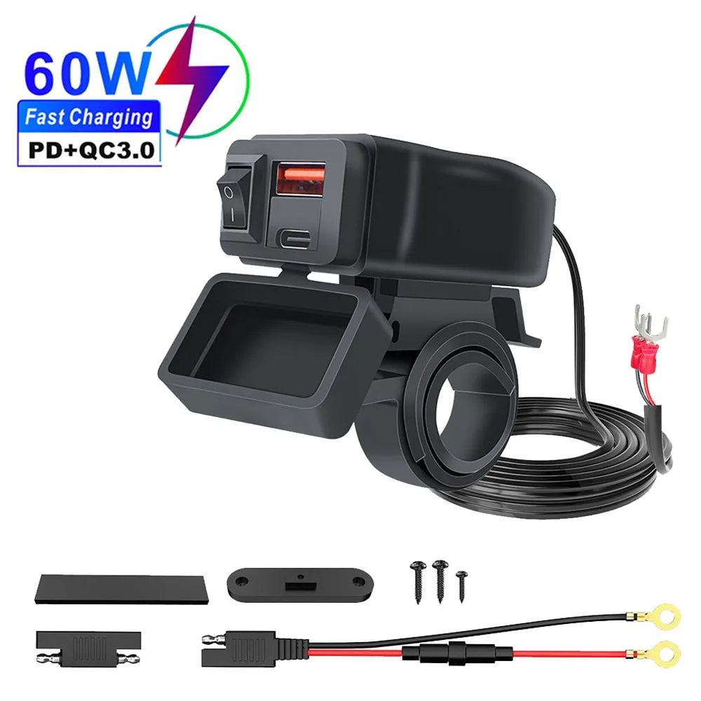 Handlebar Dual USB Socket with Switch Voltmeter, Motorcycle USB Fast Charger, Waterproof 12V Power Supply Adapter
