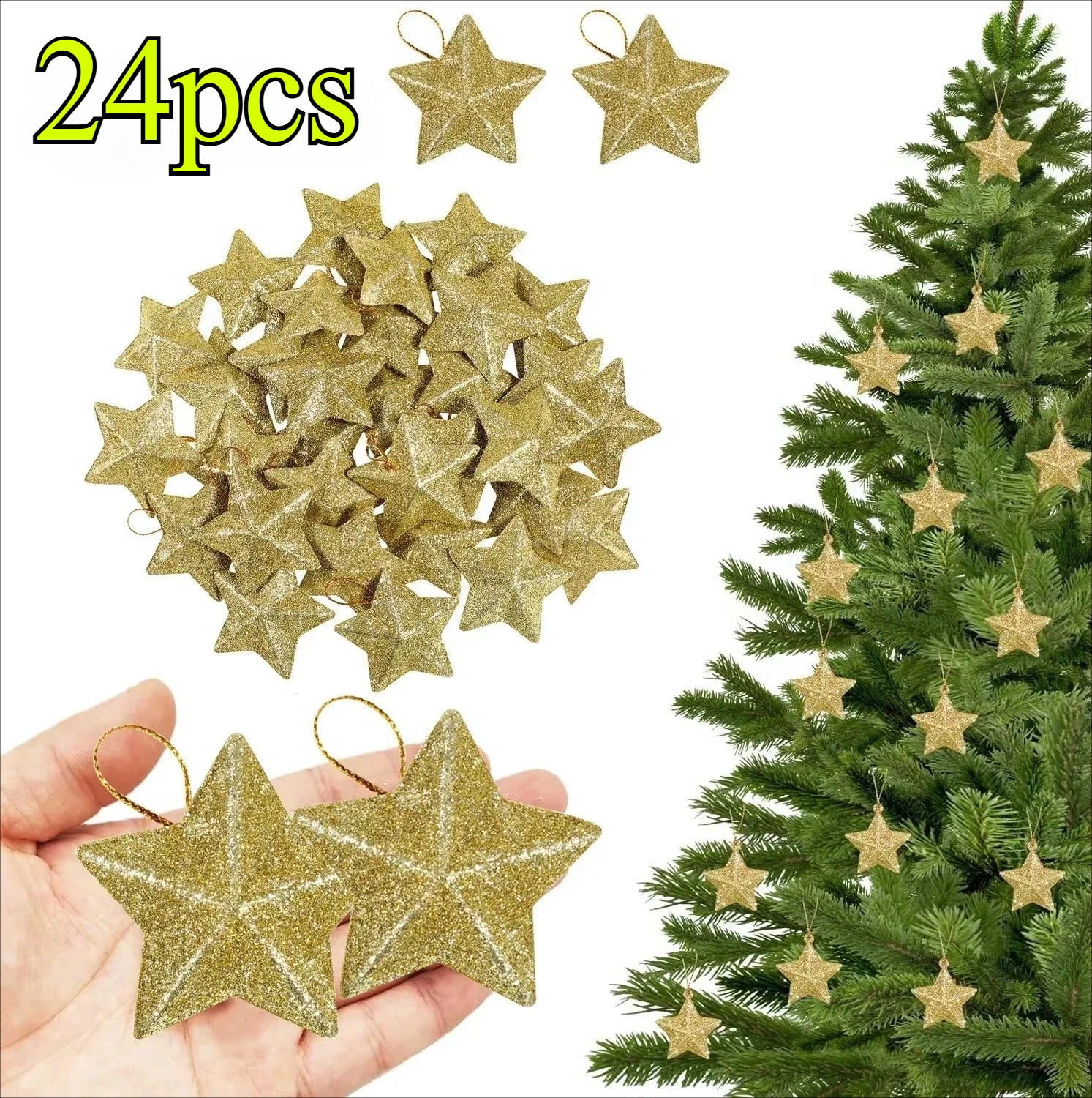 Christmas Decorations for Home, 24pcs Gold Glitter Star Ornaments, Navidad New Year Party Decoration