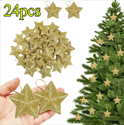 Christmas Decorations for Home, 24pcs Gold Glitter Star Ornaments, Navidad New Year Party Decoration