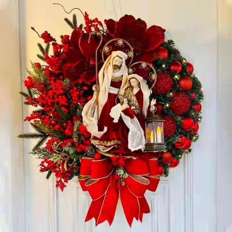 Front Door Garland With Large Bow, Christmas Wreath With Lantern, Seasonal Ornament Christmas Decoration For Front Door