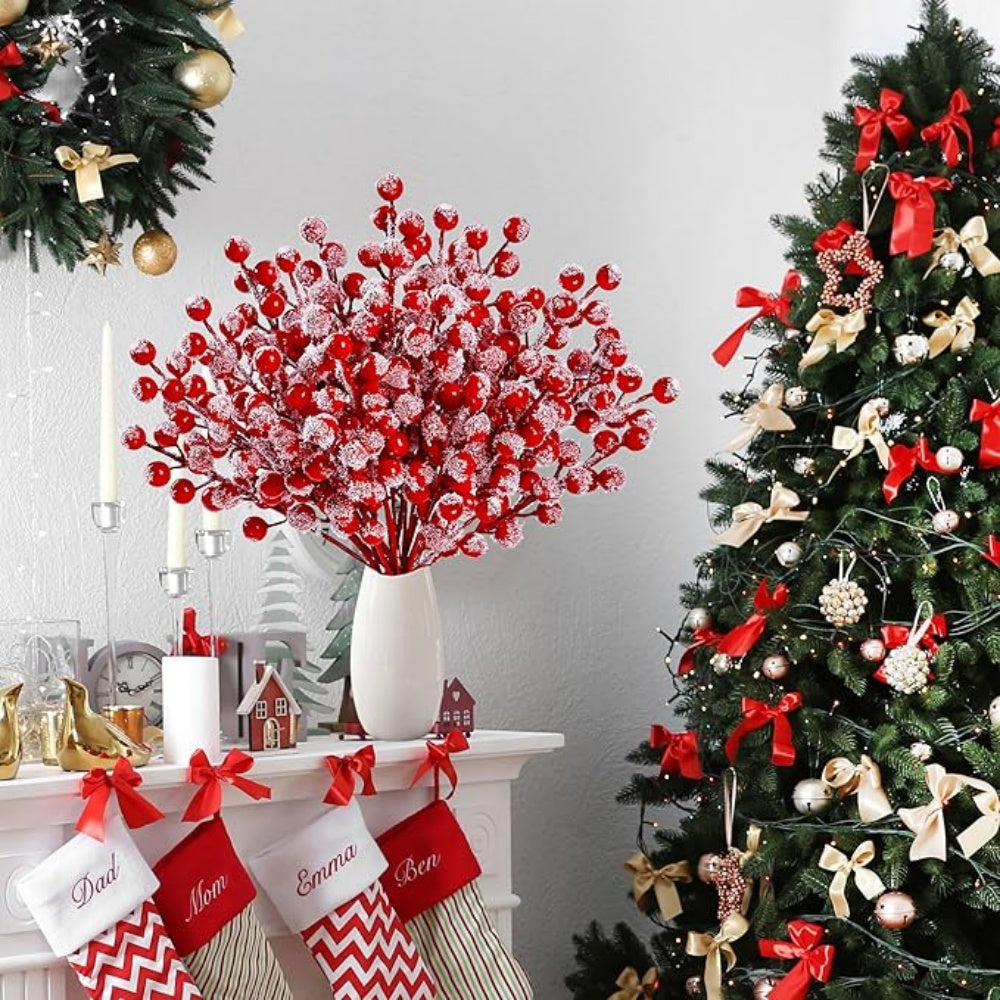 Berries Red Berry Branches, 10Pcs Christmas Decoration, Snow Artificial Red Fruit Holly, For Christmas Tree Pendant Wrea
