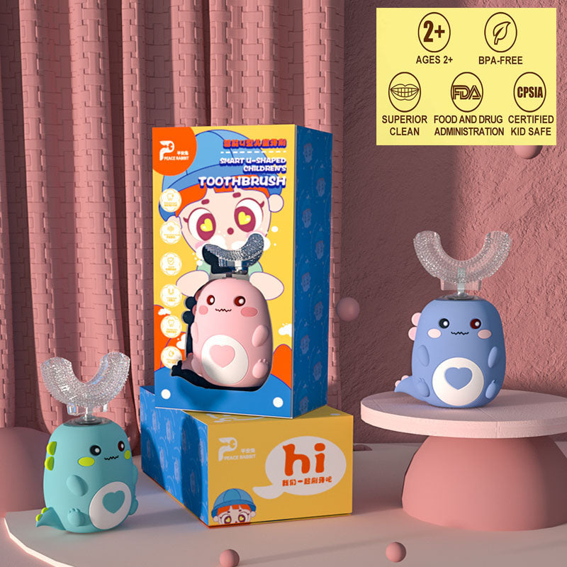 Smart Cartoon Kids Silicone Toothbrush, Children U-shaped Electric Toothbrush, Automatic Rechargeable Sonic Toothbrush