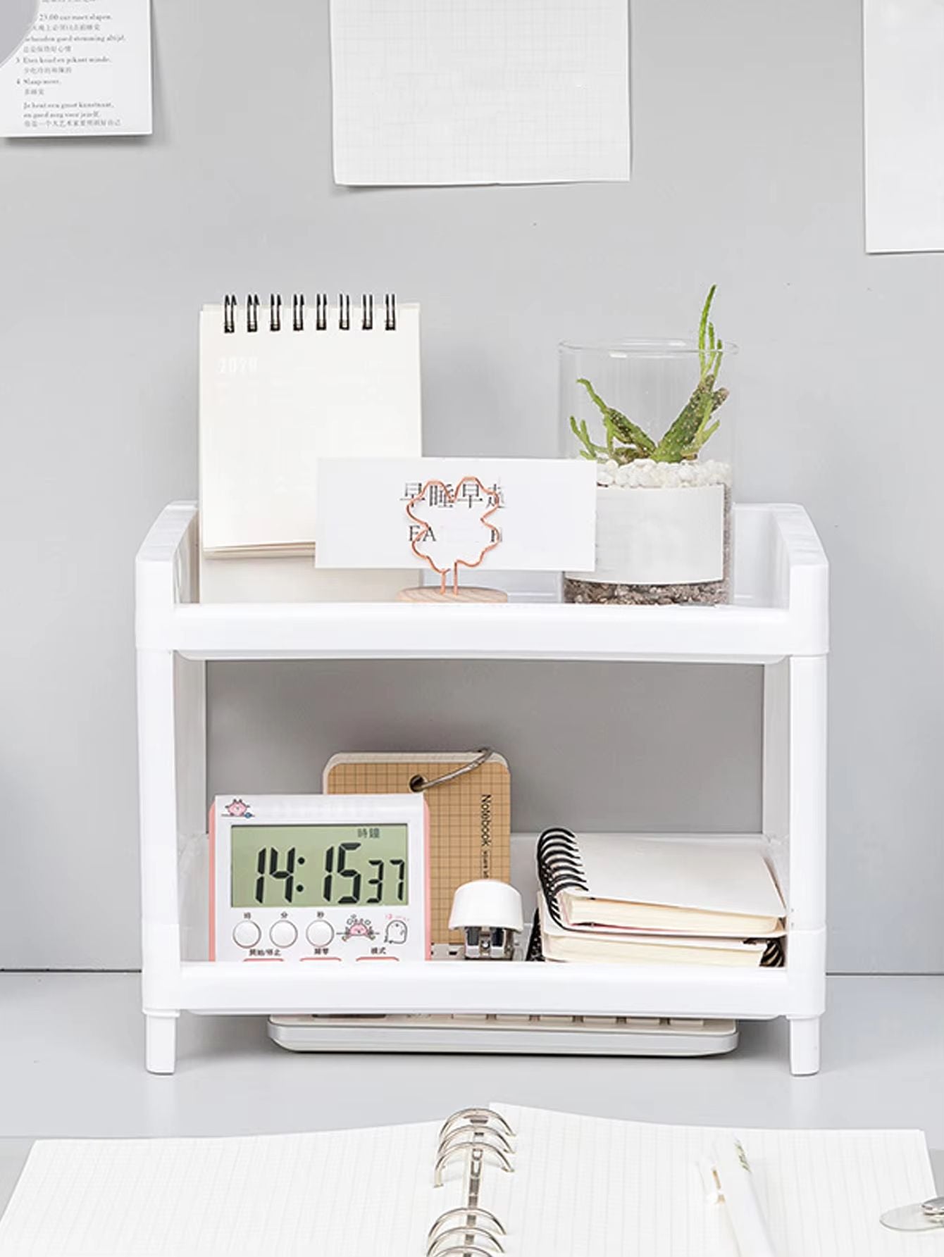 PP Desktop Double Layer Storage Rack Rectangular White Organizer 1