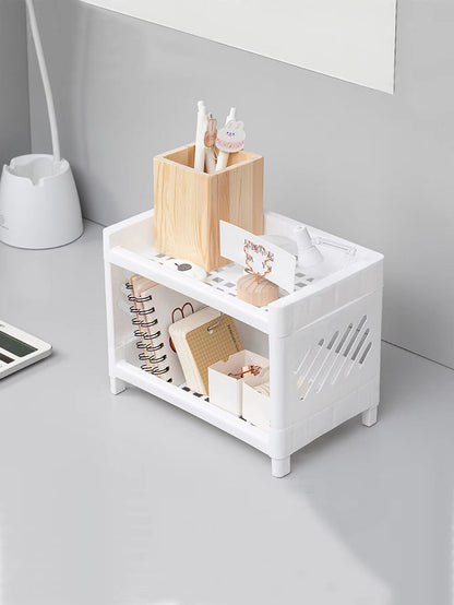 PP Desktop Double Layer Storage Rack Rectangular White Organizer 2