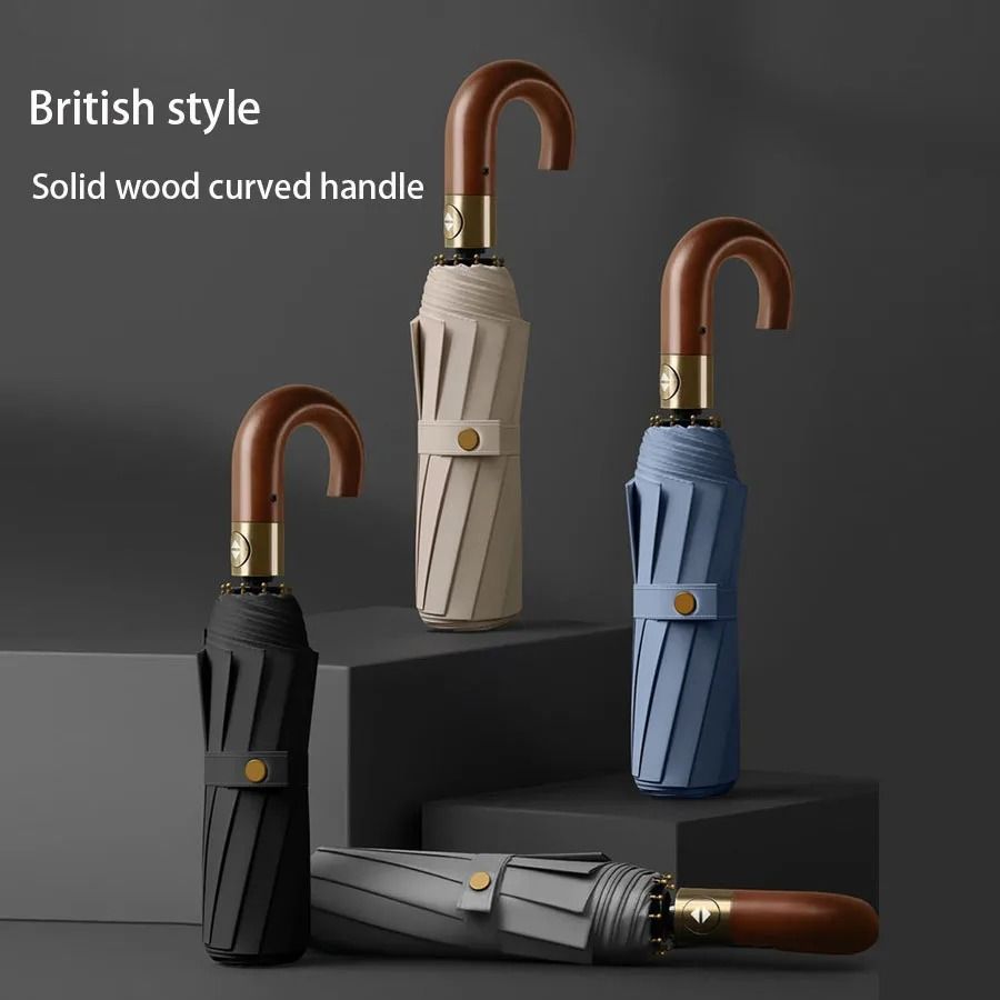 Windproof UV Protection Automatic Folding Umbrella With Curved Handle 2