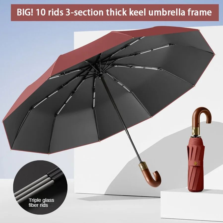 Windproof UV Protection Automatic Folding Umbrella With Curved Handle 3