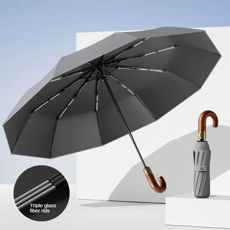 Windproof UV Protection Automatic Folding Umbrella With Curved Handle 10