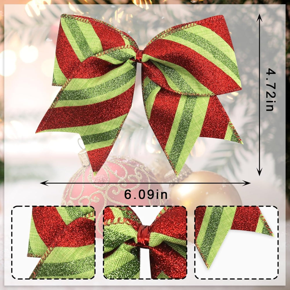 Small Burlap Bow for Party Supplies, Glitter Red Green Stripe Bows, Christmas Bows for Wreath Decorative Holiday Accents