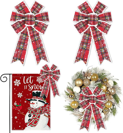 Buffalo Plaid Bows for Wreath, Christmas Bows Vintage Red, Snowflake Bows, White Velvet Tree Bows for Decor