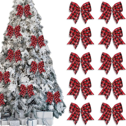 Red Black Buffalo Plaid Winter Bows, 10 PCS Christmas Wreath Bows, Holiday Snowflake Craft Tree Bows