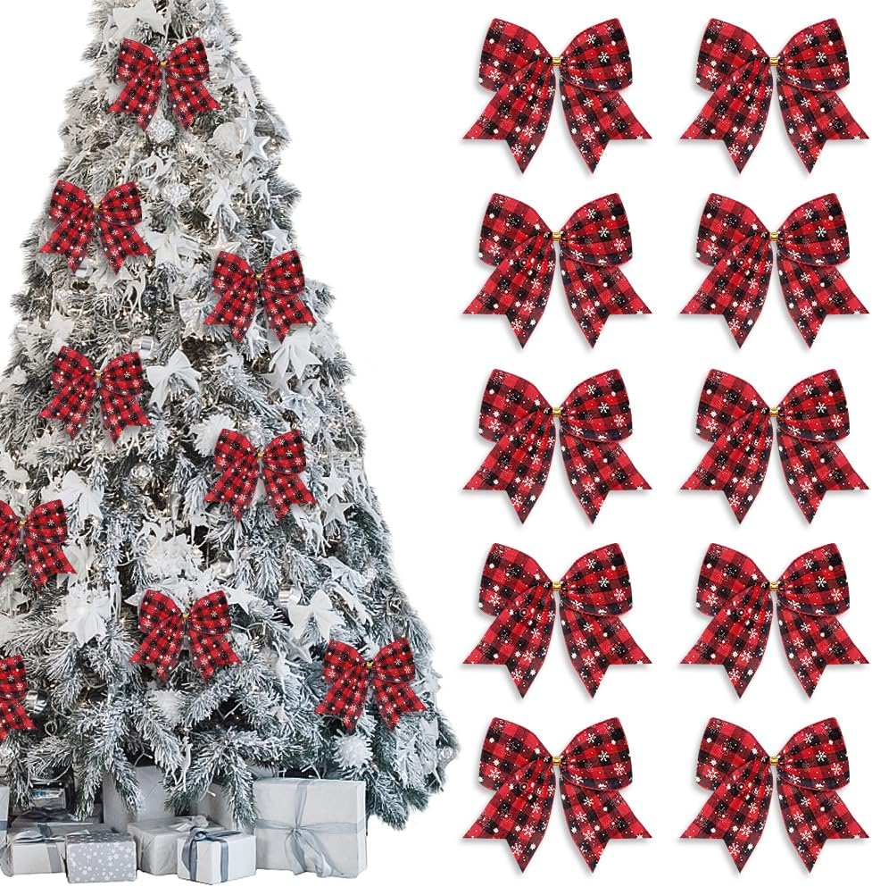 Red Black Buffalo Plaid Winter Bows, 10 PCS Christmas Wreath Bows, Holiday Snowflake Craft Tree Bows