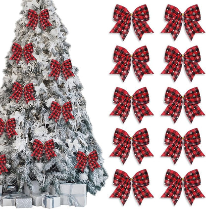 Red Black Buffalo Plaid Winter Bows, 10 PCS Christmas Wreath Bows, Holiday Snowflake Craft Tree Bows