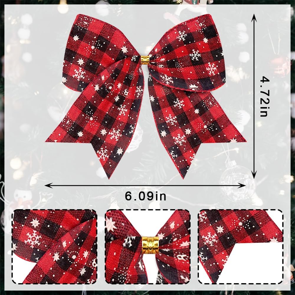 Red Black Buffalo Plaid Winter Bows, 10 PCS Christmas Wreath Bows, Holiday Snowflake Craft Tree Bows