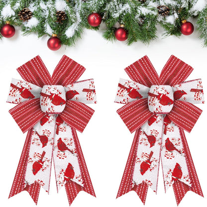 Shining White Red Burlap Bows, Christmas Bows for Wreath, Bow for Front Door Decor, Floral Cardinals Craft Tree Topper