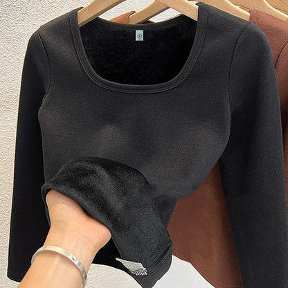 Tops Square Collar Fleece Basic Pullover Womens Long Sleeve Top Fashion Thermal Shirt Winter Clothe 4