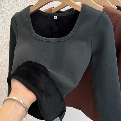 Tops Square Collar Fleece Basic Pullover Womens Long Sleeve Top Fashion Thermal Shirt Winter Clothe 6