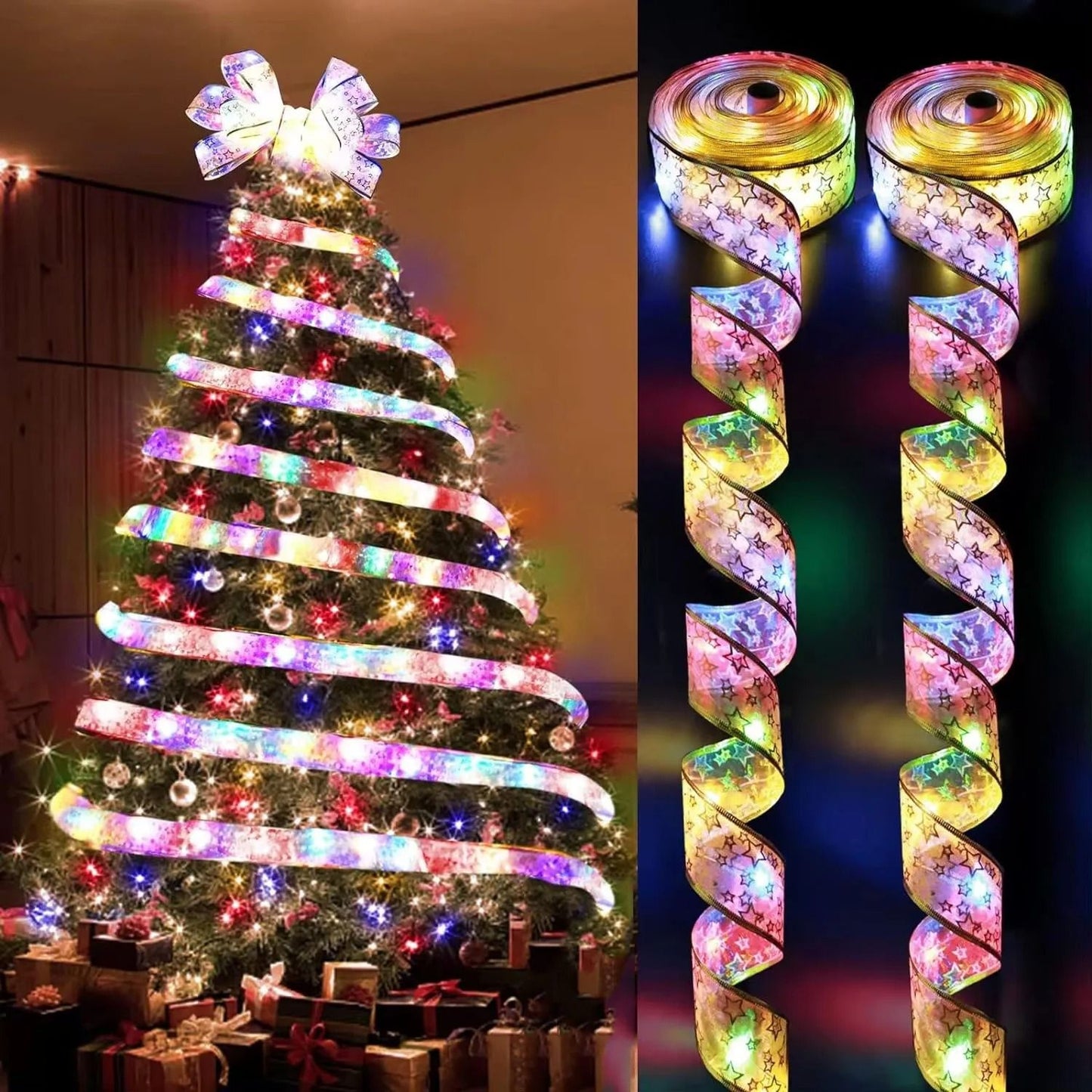 Christmas Ribbon Fairy Light String with LED Battery Box – Holiday Ribbon Decor for Tree, Home, and Party (1–10m)